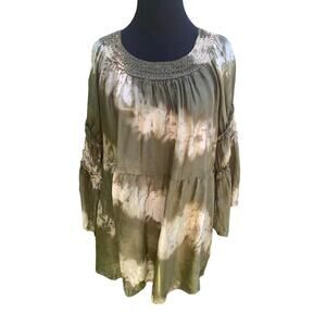 Tempo Paris Silk Olive Green Gathered Tie Dye Ruffle Boho Top S/M